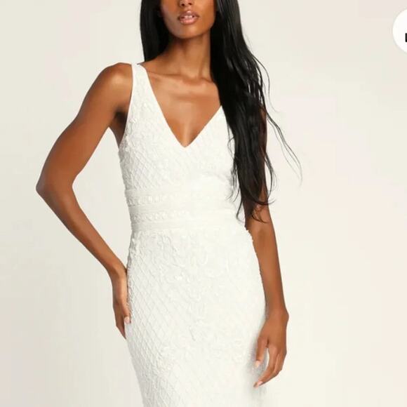 Lulus Simple Romance Vintage Style Beaded Mermaid White Wedding Dress Sz L NWOT - Picture 2 of 9